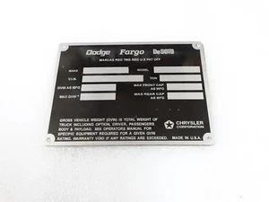 DATA PLATE FOR DODGE FARGO DeSOTO POWER WAGON TRUCKS 1972-73 #V309-8 - Bild 1 von 6