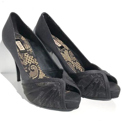 Zara Collection Peep Toe Tacones 37 Negro Satén Charol Plataforma Bomba Noche Fiesta Foto 1 de 4