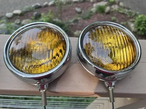 Vtg Pair Lot 2 Lamp Amber Fog Driving Lights Light Hot Rod Chrome Clean Gm Ford - Picture 1 of 13