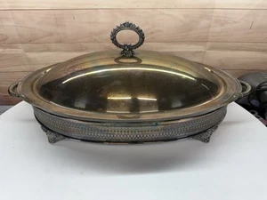 Vintage Pyrex 1233 3 Qt 16"x9.5" Glass Oval Casserole W/ Sheffield Silver Stand - Picture 1 of 8