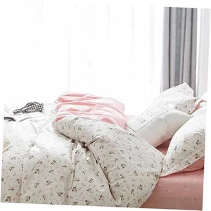 Pink Floral Comforter Set Twin Size, 2pc White Farmhouse Flowers Leaves - Picture 1 of 7