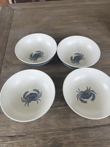 Set 4 Tommy Bahama Melamine Bowls White Blue Crab 7" Salad Pasta Soup Nautical - Picture 1 of 3