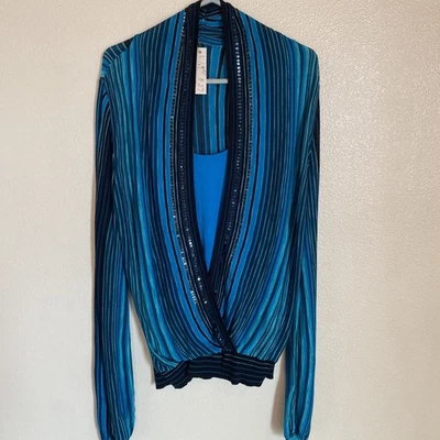 INC Топ женщин синие полосы длинные рукава блестками украшенный вязаный топ размер L-XL - Изображение 1 из 4