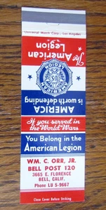 AMERICAN LEGION POST #120 MATCHBOOK COVER: BELL, CALIFORNIA 1960s MATCHCOVER -A9 - Picture 1 of 2