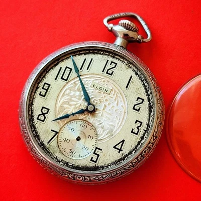 Elgin Pocket Watch Train Case Vintage Beautiful Dial Star Nickel For Repair - Image 1 of 4