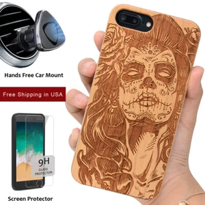 Sugar Skull Lady Wood Phone Case with Screen Protector or Magnetic Car Mount - Picture 1 of 9