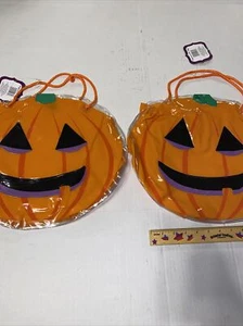 Lot Of 2 New Vintage Large Plastic Halloween Trick or Treat Bag Pumpkin Shape - Picture 1 of 4