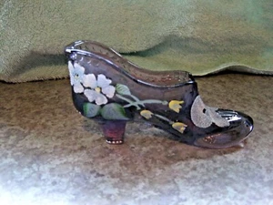 Vintage Fenton Glass Shoe Purple Hand Painted - Picture 1 of 6