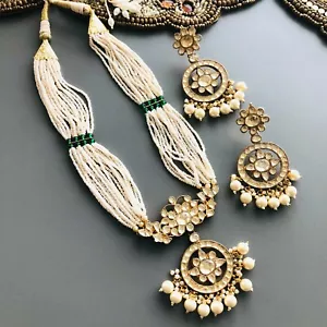 Pearl Kundan necklace/Bridal Kundan Necklace/Yellow Kundan Chandbali Earrings - Picture 1 of 4