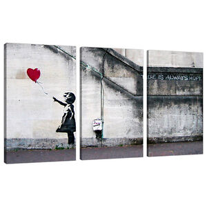 Set of 3 Large Banksy Canvas Wall Art Prints UK Red Balloon Girl 3050
