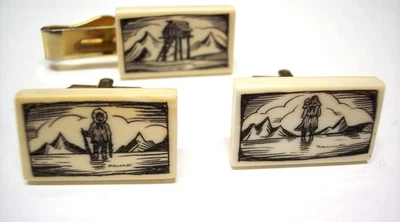 Gemelos y barra de corbata Scrimshaw Alaska vintage Foto 1 de 3