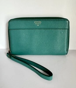 Fossil Teal Green Pebbled Leather Zip Around Credit Card Wallet Wristlet Clutch - Picture 1 of 19