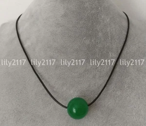 Natural 20mm Green Jade Gemstone Round beads Black Leather Pendant Necklaces 18" - Picture 1 of 3