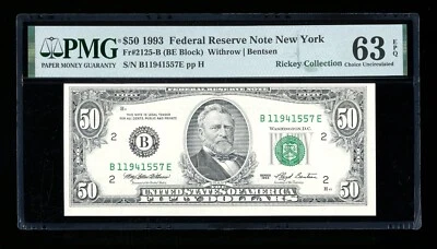 DBR 1993 $50 FRN New York Fr. 2125-B PMG 63 EPQ Serial B11941557E - Image 1 of 2