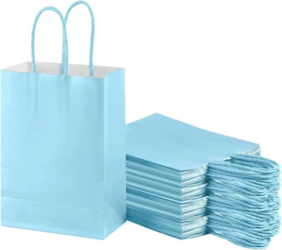 Pequeñas bolsas de regalo Kraft de papel natural liso con asas bolsas de papel azul claro para Foto 1 de 4