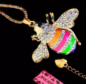 Betsey Johnson Rainbow Bee Gold Pendant Chain Necklace Free Gift Bag - Picture 1 of 4