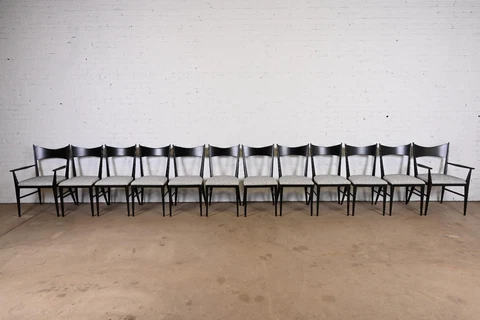 Paul McCobb for Directional Black Lacquered Bow Tie Dining Chairs, Restored Cover