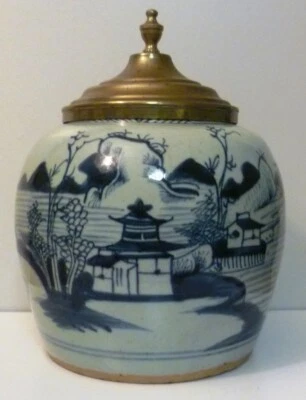 !!! antik handbemalt CHINA Porzellan Ingwertopf Tabak Vorratsgefäß Messingdeckel - Bild 1 von 4