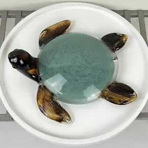 Hand Blown Glass Sea Turtle Paperweight Green Brown Swirl Decor Ocean Marine - Picture 1 of 6
