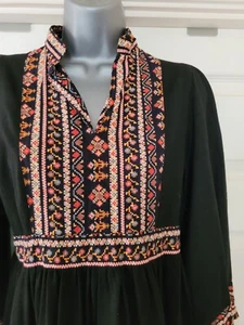 Jon Adam Vintage Black Midi Dress 3/4 Wide Sleeves Size 14 Multi-Coloured Trim - Picture 1 of 10