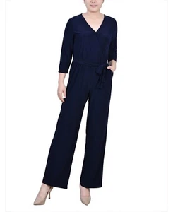 $65 Ny Collection Petite Surplice Belted Wide-Leg Jumpsuit Navy Petite PL - Picture 1 of 2