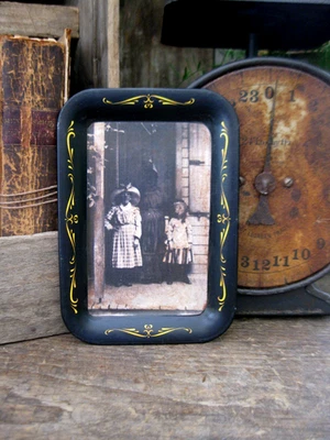 Antique Tin Toleware Tip Tray Old Photo Print Halloween Kids  Free Shipping - Image 1 of 4