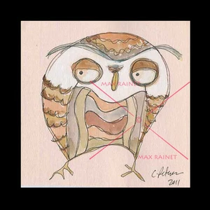 C PETERSON * DIPINTO acquerello originale * Gufo in piume fantasiose = ILLUSTRAZIONE - Foto 1 di 5