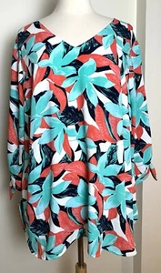 Talbots Woman Plus Size 2X Blouse Top 3/4 Tie Sleeve Leaves Blue Red V Neck - Picture 1 of 8