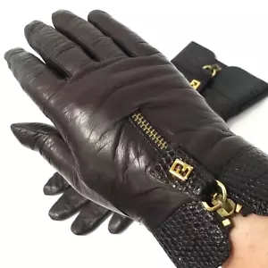 Guantes de Cuero Fendi De Colección Italia Para Mujer 7 Marrón FF Logo Borde Lagarto Cachemira Cremallera - Imagen 1 de 9
