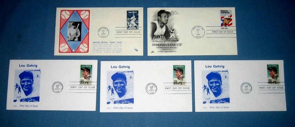 group of 5 First Day Covers of baseball player stamps - Ruth, Clemente, Gehrig - Image 1 of 1
