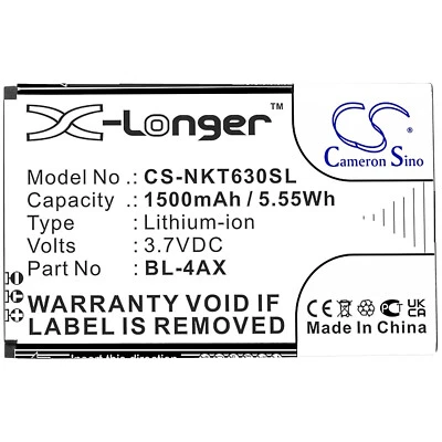 BATTERIE 1500mAh Type BL-4AX BL-4XL For Nokia 6300 8000 4G, TA-1286 TA-1287 - Image 1 of 4