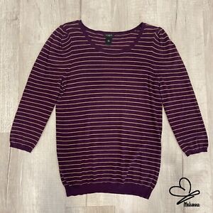 Ann Taylor Women Burgundy Purple Striped Soft 3/4 Long Sleeve Sweater Size M