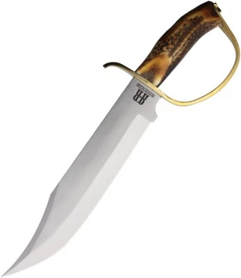 Rough Ryder Brass D Guard Bowie 10.5" Stainless Clip Stag Bone Fixed Knife 1943P - Image 1 of 2