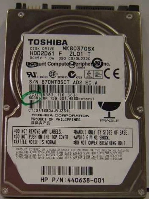 Toshiba 80GB SATA 2.5" MK8037GSX HDD2D61 9.5MM Hard Drive Tested Good - Image 1 of 1