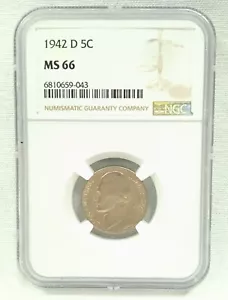 1942-D 5C Thomas Jefferson Nickel NGC MS66 Denver Mint Five Cent (I-19341) - Picture 1 of 8