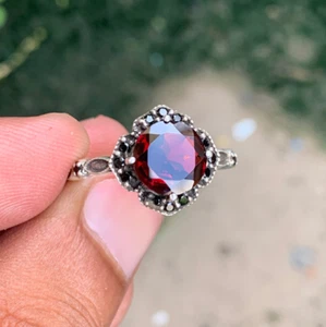 925 Solid Sterling Silver Cushion Cut Engagement Ring- Classic Red Garnet Gift - Picture 1 of 13