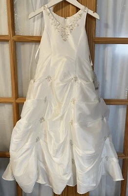 Flower Girl Princess Gown Sz 4 White Puff Ruffles Sequins Sleeveless Wedding - Image 1 of 4