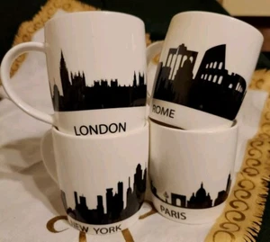 SOHO LOFT 4 CUPS BLACK & WHITE  ( PARIS,ROME LONDON ,NEW YORK) PORCELAIN 3.75" H - Picture 1 of 15