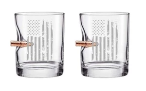 Original BenShot Patriotic Flag Rocks Glass w/Real Bullet Military Gift ~ 2PK - Picture 1 of 2