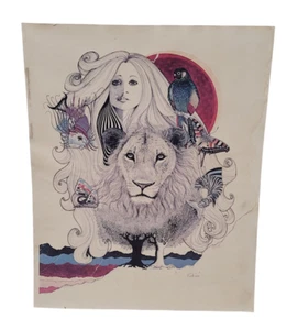 70er Jahre Madeline Tobion Lithographie Löwe Dschungel Schmetterlinge Ozean Retro Kunst - Bild 1 von 4