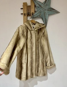 Dennis Basso Luxury Faux Mink Fur Short Taupe Tan Hooded Jacket Coat Size S - Picture 1 of 7