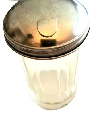 Sugar Shaker. Glass Dispenser W/ Stainless Steel Lid & Pour Flap. Ribbed Glass.  - Image 1 of 4
