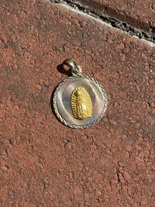 14k Yellow Gold Solid Virgin Mary Tri- Color Medallion Pendant - Picture 1 of 3