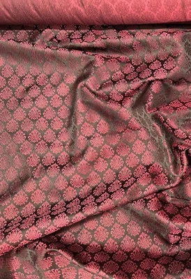 Magenta/black Satin Brocade Jacquard 100% Silk Fabric 44" W, By Yard (JD-366E) - Image 1 of 4