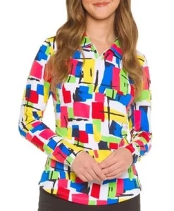 Ibkul Sz M Multicolored Abstract Mock Neck Zip Top Mesh Sleeve Golf, Pickleball - Picture 1 of 6