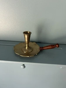 Vintage Brass Chamber Candle Holder With Wooden Handle - Picture 1 of 10