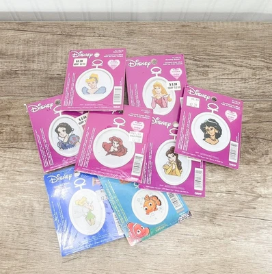 NEW 8 MINI DISNEY CROSS STITCH KITS, Ariel, Snow White, Cinderella, Belle & More - Image 1 of 4