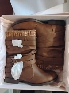 BROWN leather slouch boots size  multicolor knit cuff Size 9 - Picture 1 of 4