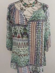 Charlotte Rouse Blouse Womens M Green Blue Boho Tunic Sheer Patchwork Print Top - Picture 1 of 5