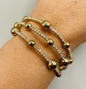 Vintage Gold Tone Rhinestone Beaded Large Cuff Bangle Statement Bracelet - Picture 1 of 3